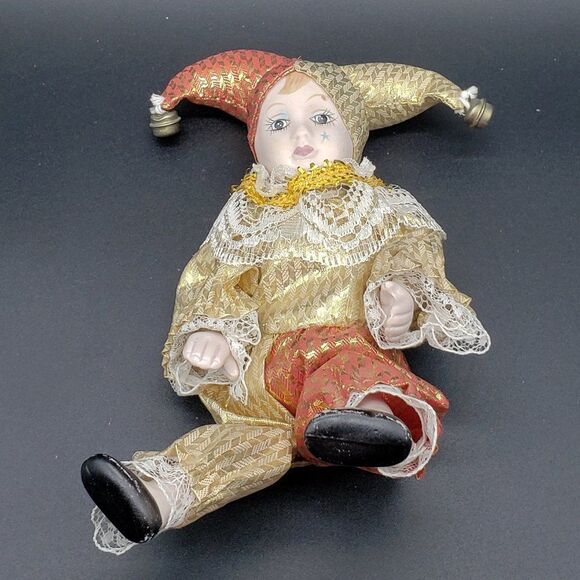 Vintage Bendable Porcelain Gold Red Lace Bells Harlequin Jester Clown Figurine - Picture 3 of 8